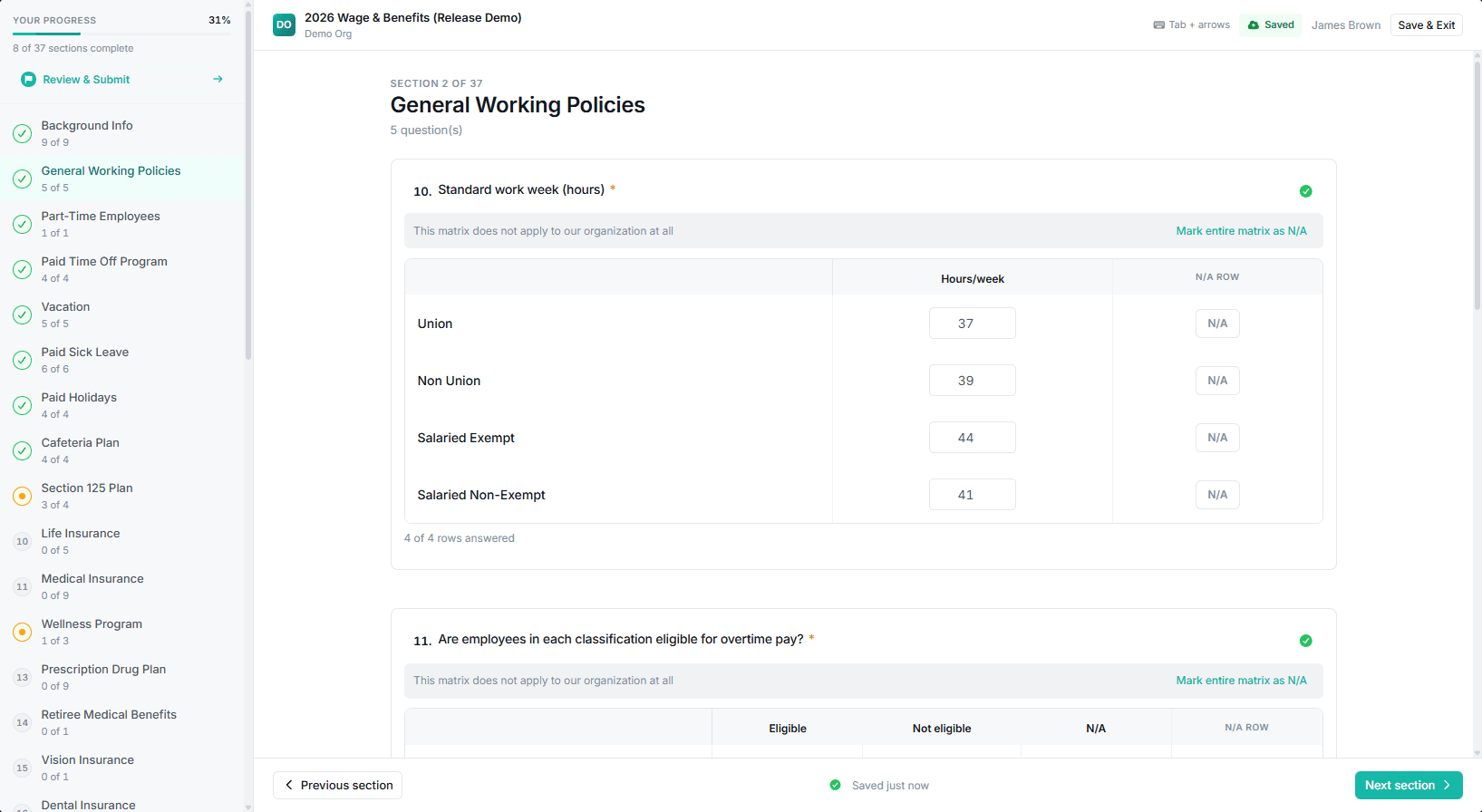 Matrix question being answered by a survey taker, showing clean per-row selections